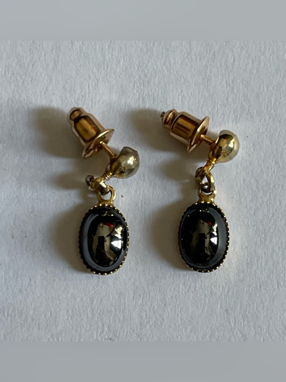 Vintage Hematite Stone Brass Drop Pierced Earrings